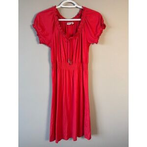 Esprit Red Ruffle Short Sleeve Smocked Waist Butterfly Charm Dress L Pockets Y2K